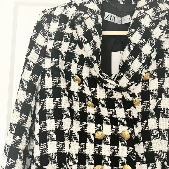 ZARA Houndstooth Double Breasted Boucle Jacket Size M - Picture 3 of 7